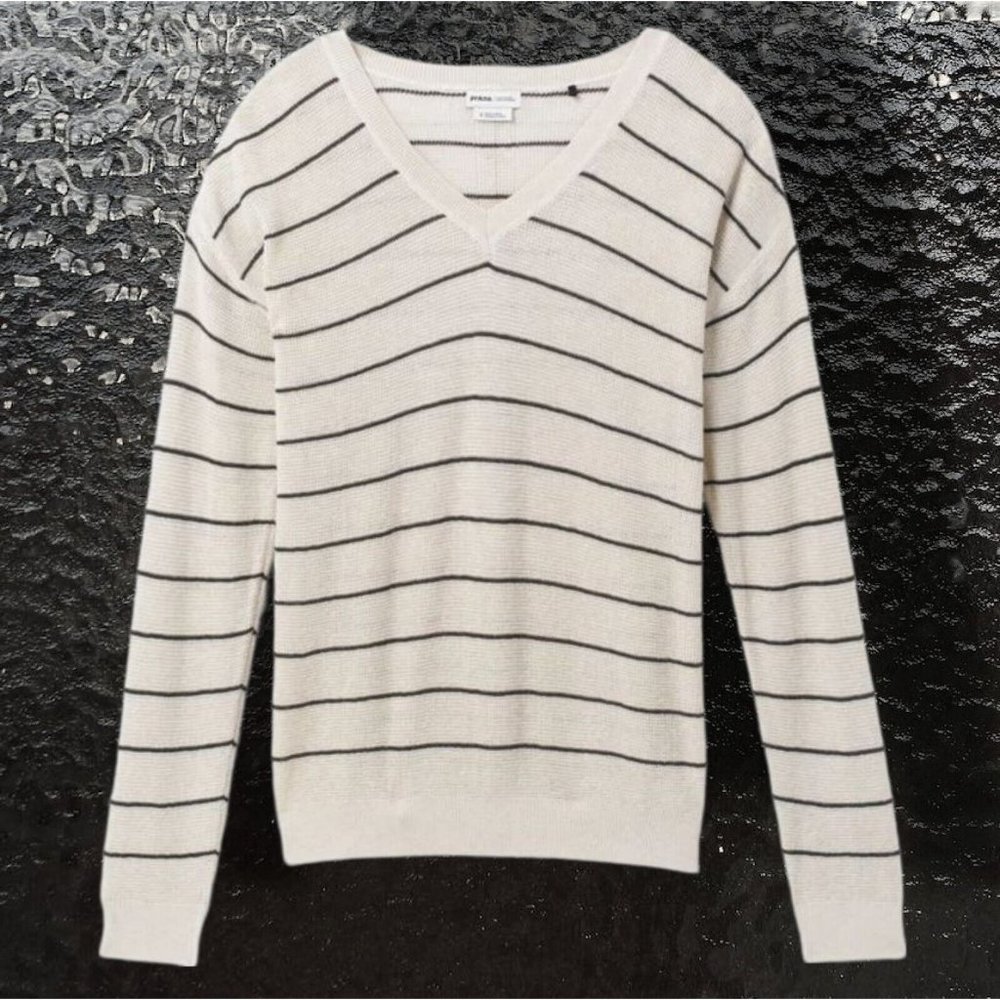 PrAna Milani V-Neck Wool Blend Cream Lightweight Waffle Knit Stripe Sweater sz M